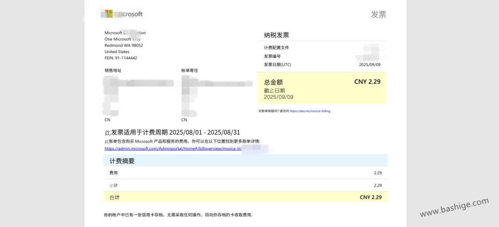 网络服务发票账单,例如微软云Azure账单作为地址证明