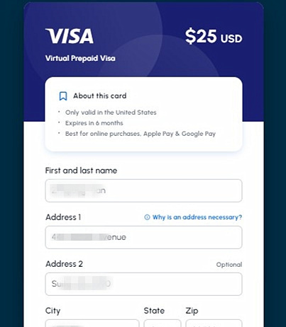 Redeem a Visa virtual prepaid card